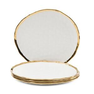 Yedi Bone China Dinner Plates 10" Set of 4 White & Gold Textured Finish New